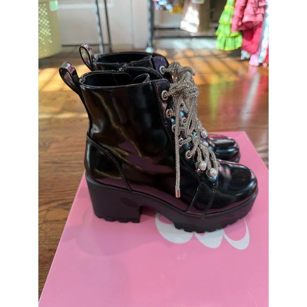 36. GB Girls Black Patent Rhinestone Lace Up Combat Boots Pearl Accents Size 13M
